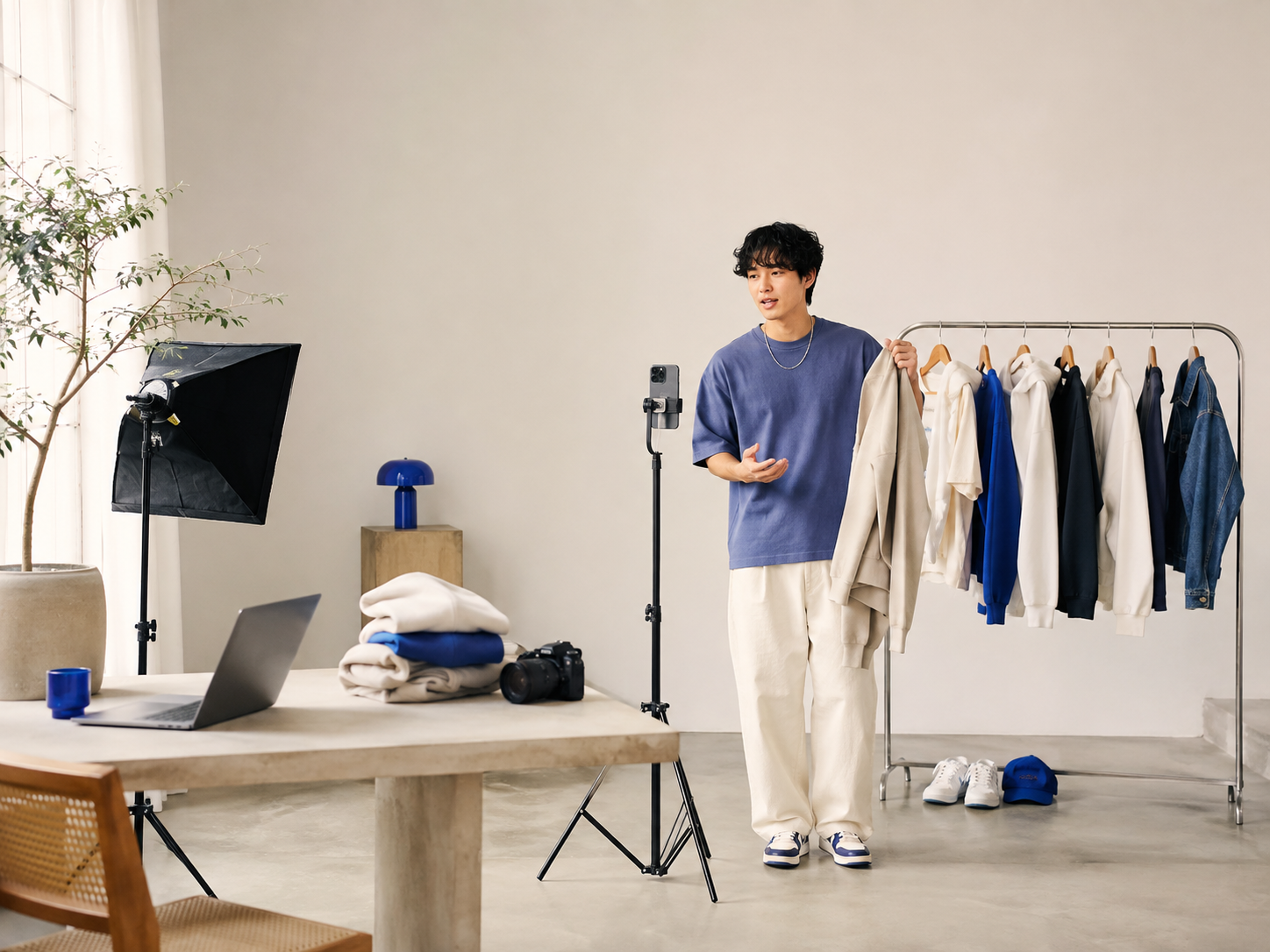Independent fashion creator filming a clothing presentation in a studio.